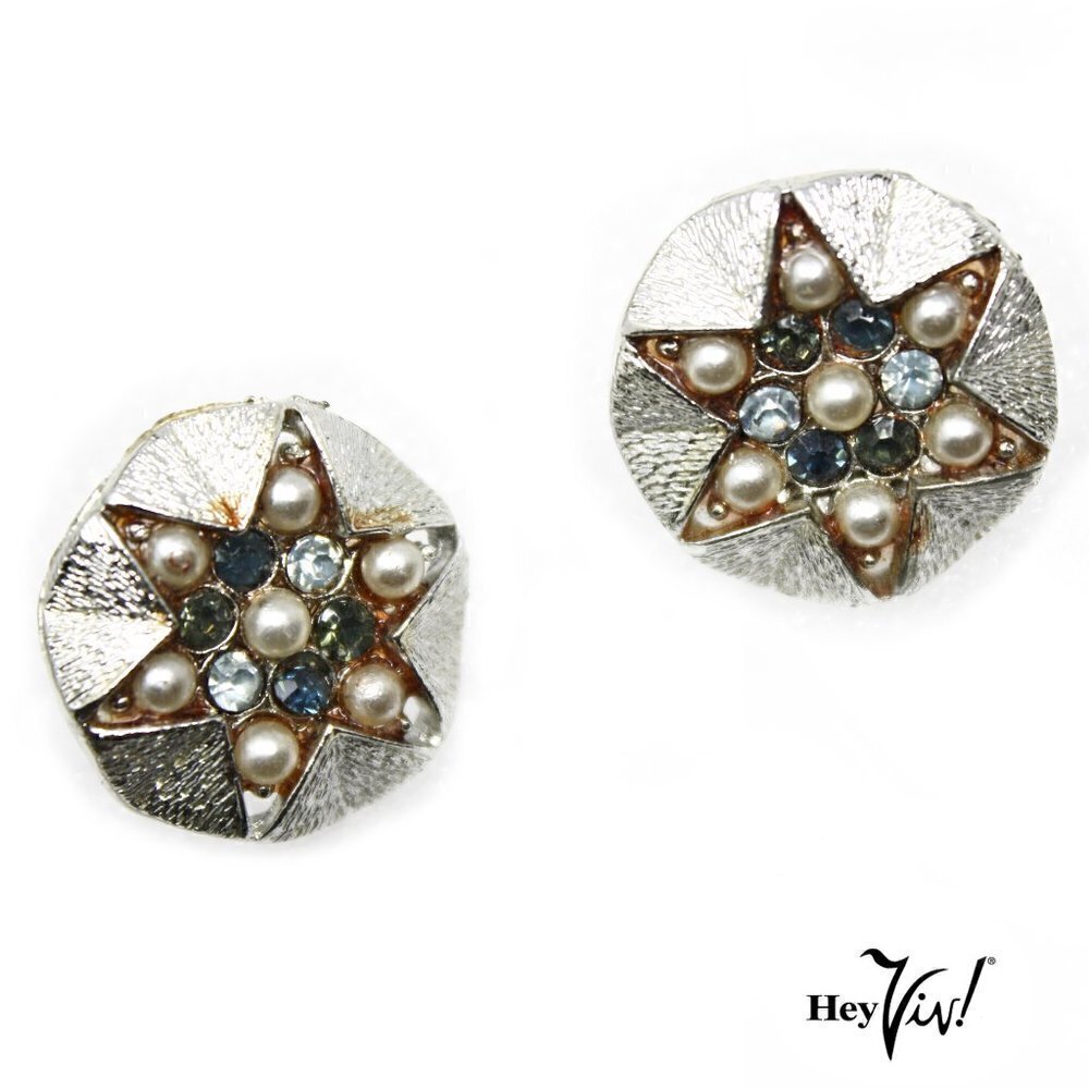 Vintage Coro Clip On Earrings - Silver Star Shape w Pearl & Rhinestones -Hey Viv